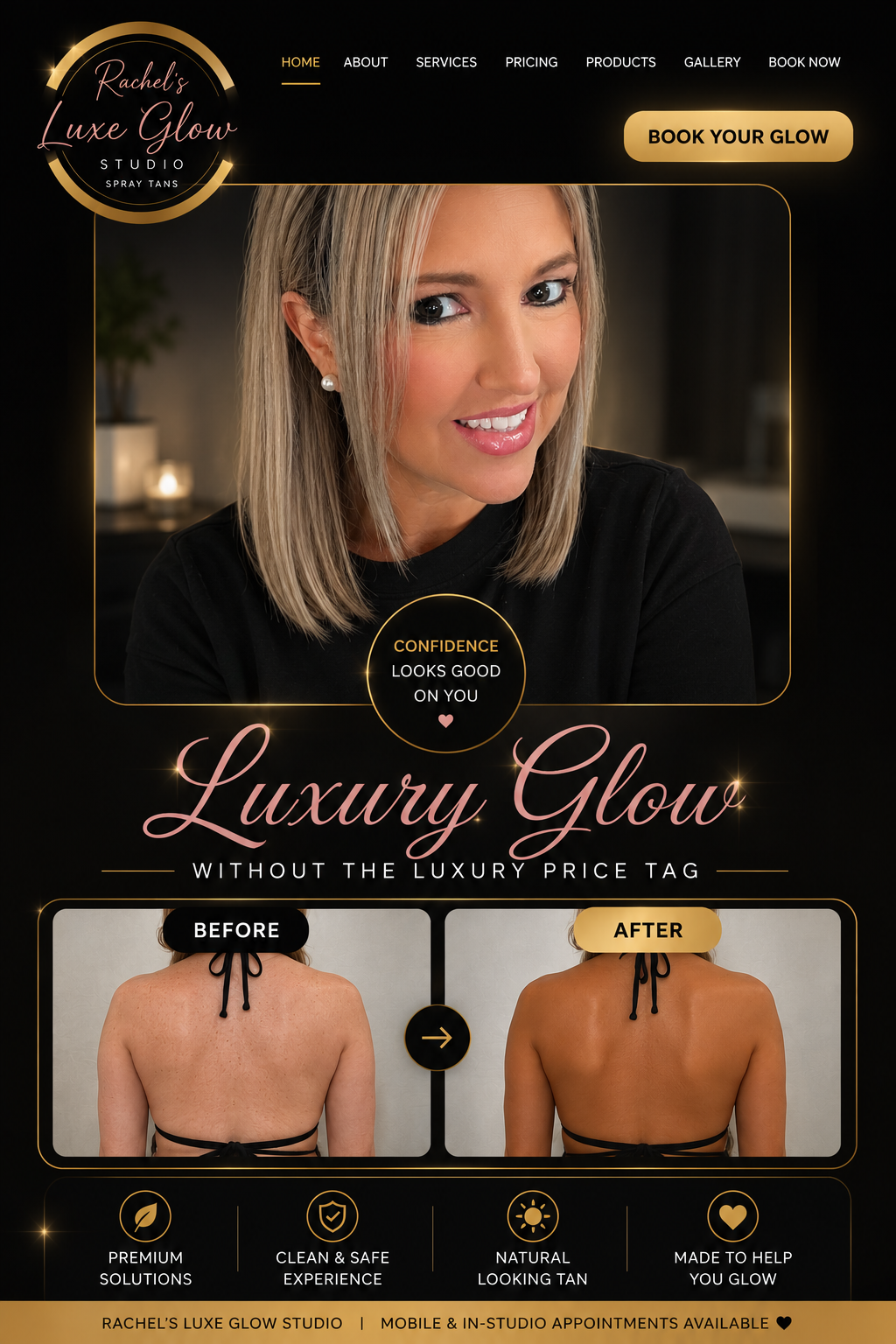 Rachel's Luxe Glow Studio luxury spray tan homepage with before and after gallery